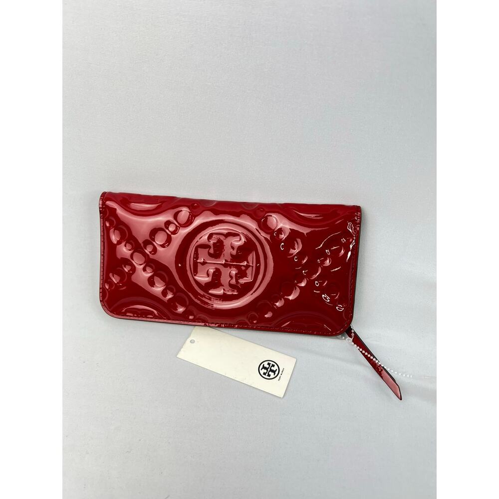 Tory Burch Red Patent Leather T Monogram Slim Bifold Long Wallet EUC
